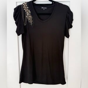 Embellished Shoulder Top | Black Puff Sleeve Beaded Chain Detail | Size L